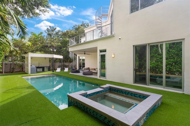 10620 SW 74th Ave, Pinecrest, FL 33156 - view of swimming pool featuring ceiling fan, a pool with connected hot tub, a patio area, and an outdoor living space