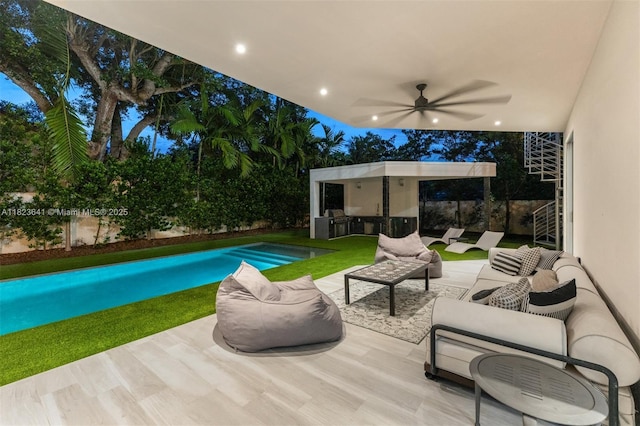 10620 SW 74th Ave, Pinecrest, FL 33156 - fenced backyard featuring outdoor lounge area, a ceiling fan, and a patio area