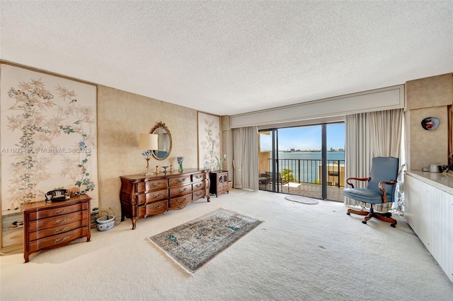 1800 NE 114th St Unit 604, Miami, FL 33181 - living area featuring carpet floors, a textured ceiling, and a water view