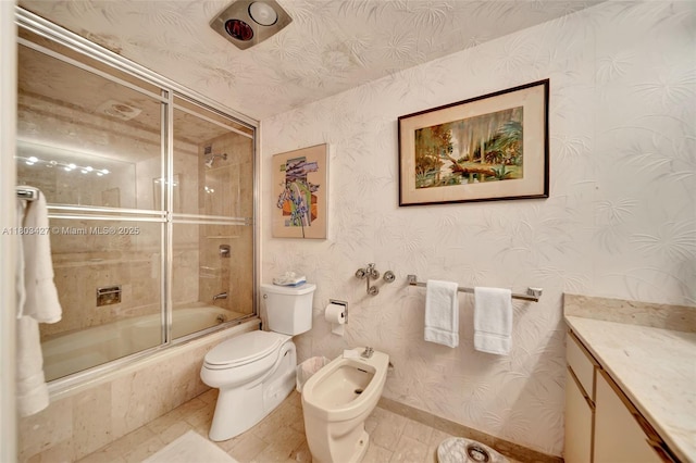 1800 NE 114th St Unit 604, Miami, FL 33181 - bathroom with tiled shower / bath, vanity, a bidet, tile patterned flooring, and wallpapered walls