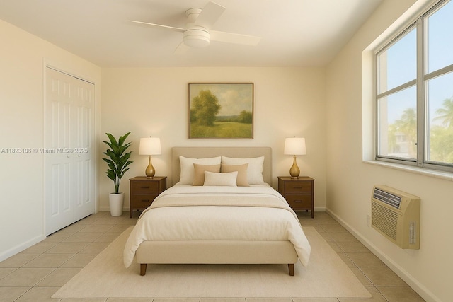 3923 NE 166th St Unit N208, North Miami Beach, FL 33160 - bedroom with light tile patterned flooring, a wall mounted AC, and ceiling fan