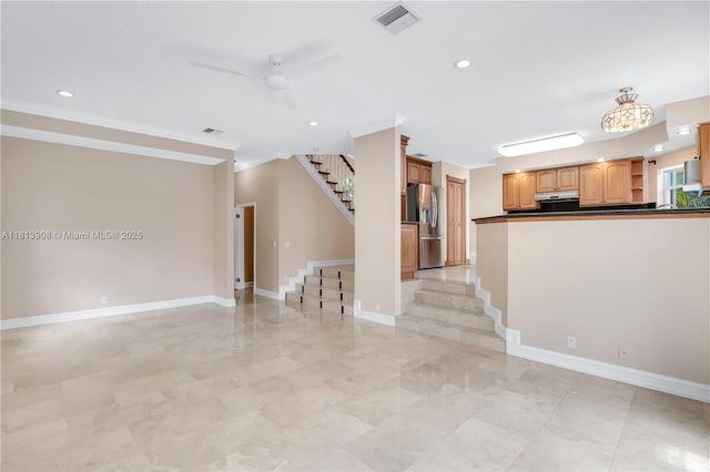 1020 NW 184th Ter, Pembroke Pines, FL 33029 - unfurnished living room with stairway, crown molding, recessed lighting, and ceiling fan