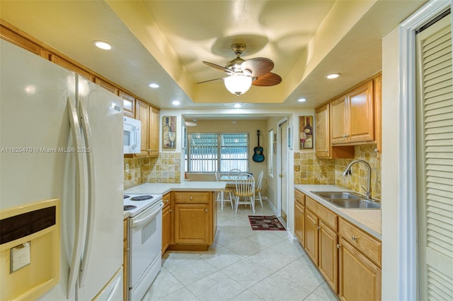 6530 NW 29th St, Sunrise, FL 33313 - kitchen with white appliances, a ceiling fan, light countertops, tasteful backsplash, and recessed lighting