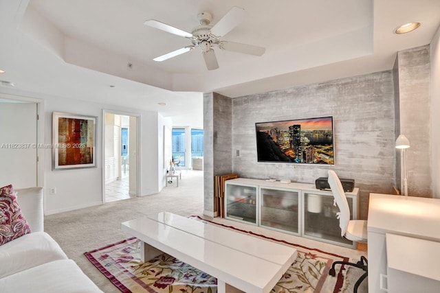 16400 Collins Ave Unit 544, Sunny Isles Beach, FL 33160 - living room featuring a tray ceiling, ceiling fan, carpet floors, and recessed lighting