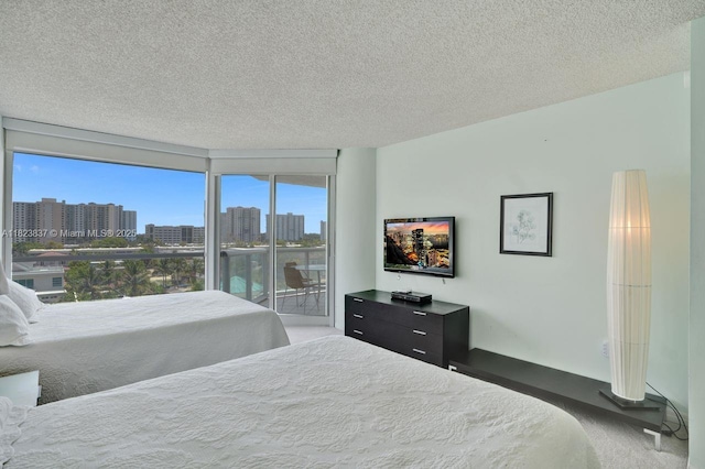 16400 Collins Ave Unit 544, Sunny Isles Beach, FL 33160 - bedroom with carpet, access to exterior, a textured ceiling, and a city view