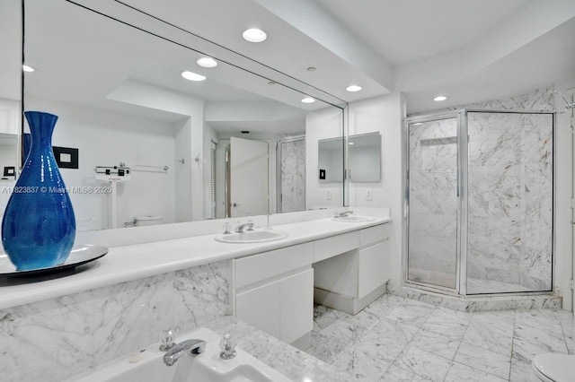 16400 Collins Ave Unit 544, Sunny Isles Beach, FL 33160 - bathroom with recessed lighting, a marble finish shower, double vanity, marble finish floors, and a tub with marble appearance