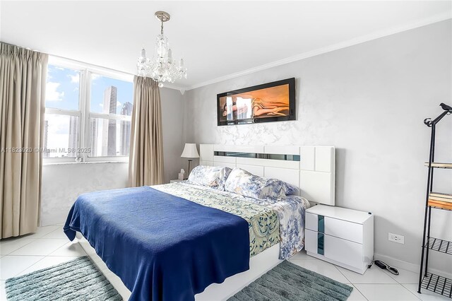 250 174th St Unit 1704, Sunny Isles Beach, FL 33160 - bedroom with light tile patterned floors, a chandelier, and ornamental molding