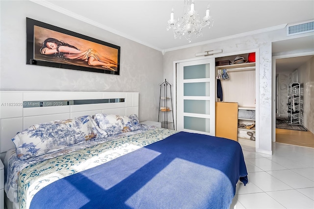 250 174th St Unit 1704, Sunny Isles Beach, FL 33160 - bedroom with ornamental molding, a closet, a chandelier, and tile patterned floors