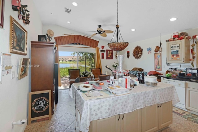 1585 SE 20th Rd, Homestead, FL 33035 - kitchen featuring dishwasher, a ceiling fan, recessed lighting, a kitchen island, and vaulted ceiling