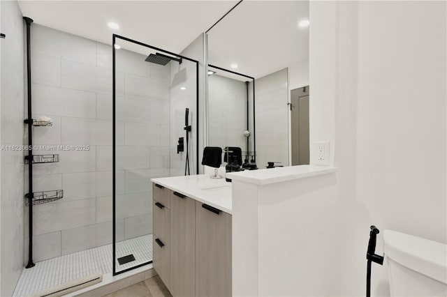 9905 NW 52nd Ln, Doral, FL 33178 - bathroom featuring a stall shower, vanity, and recessed lighting