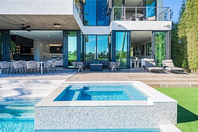 450 W 62nd St, Miami Beach, FL 33140 - view of pool featuring outdoor lounge area, an in-ground hot tub, a ceiling fan, a patio area, and outdoor dining area