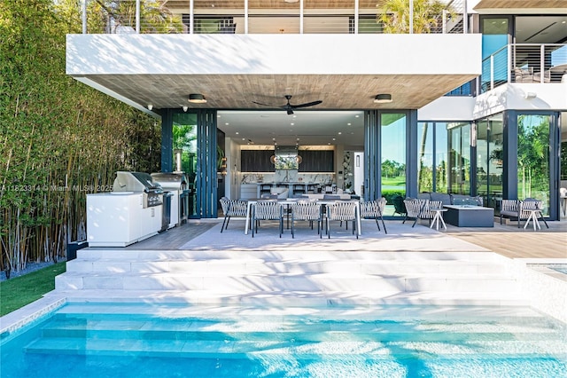 450 W 62nd St, Miami Beach, FL 33140 - outdoor pool with area for grilling, an outdoor living space, ceiling fan, and a patio