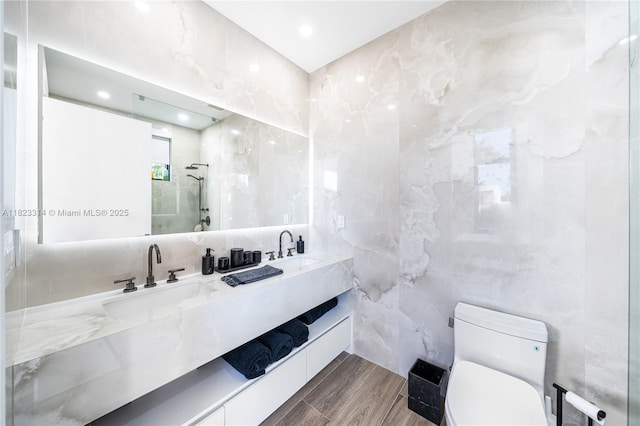 450 W 62nd St, Miami Beach, FL 33140 - bathroom with tile walls, double vanity, and a shower