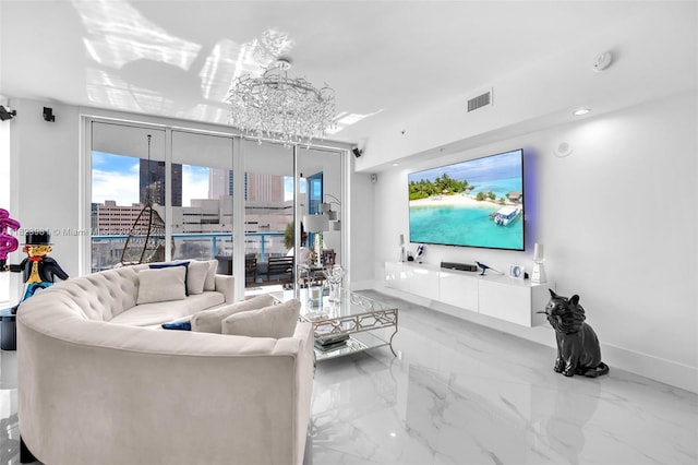 333 Las Olas Way Unit 804, Fort Lauderdale, FL 33301 - living room featuring marble tiled flooring and baseboards