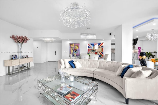 333 Las Olas Way Unit 804, Fort Lauderdale, FL 33301 - living room featuring a chandelier, marble tiled floors, and recessed lighting