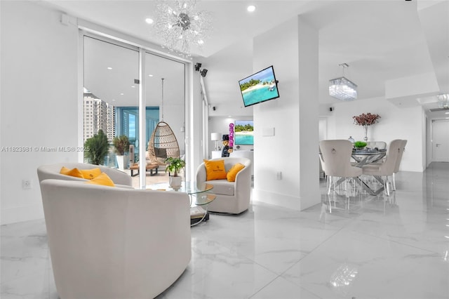 333 Las Olas Way Unit 804, Fort Lauderdale, FL 33301 - living area featuring a chandelier, marble tiled floors, and recessed lighting