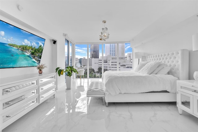 333 Las Olas Way Unit 804, Fort Lauderdale, FL 33301 - bedroom with a wall of windows, a city view, and marble finish flooring