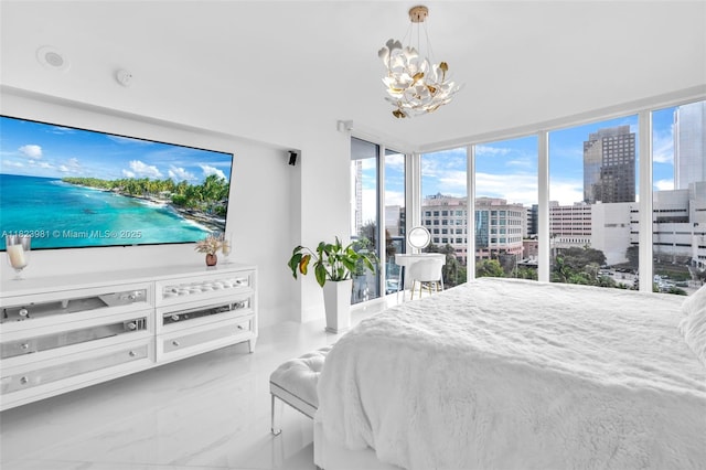 333 Las Olas Way Unit 804, Fort Lauderdale, FL 33301 - bedroom with a chandelier, marble finish floors, a view of city, multiple windows, and expansive windows