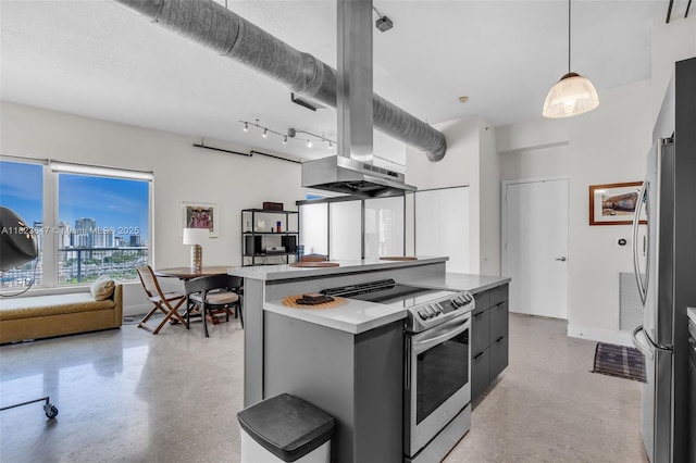 10 SW S River Dr Unit Phi03, Miami, FL 33130 - kitchen with stainless steel appliances, modern cabinets, light countertops, a kitchen island, and a skyline view