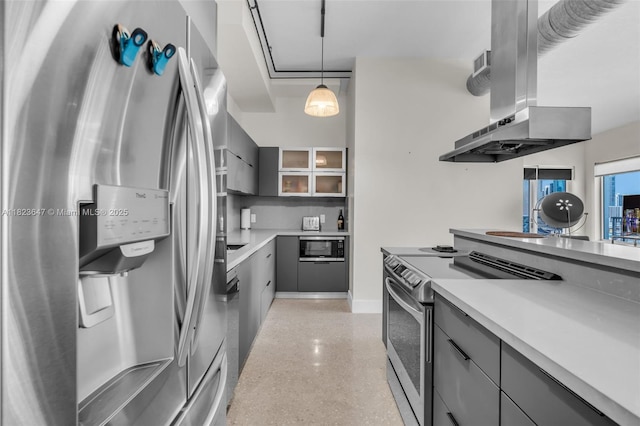 10 SW S River Dr Unit Phi03, Miami, FL 33130 - kitchen with stainless steel appliances, gray cabinets, island range hood, light countertops, and dark aggregate flooring