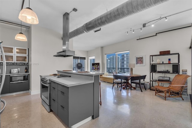 10 SW S River Dr Unit Phi03, Miami, FL 33130 - kitchen featuring appliances with stainless steel finishes, gray cabinets, a center island, hanging light fixtures, and island exhaust hood