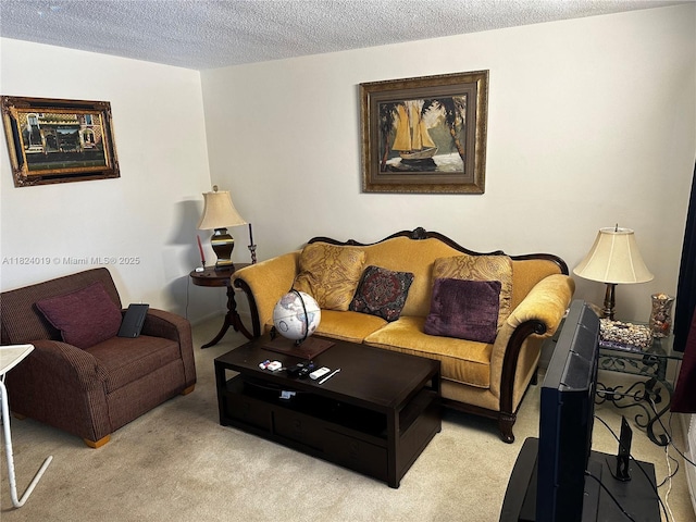 living room featuring light carpet and a textured ceiling