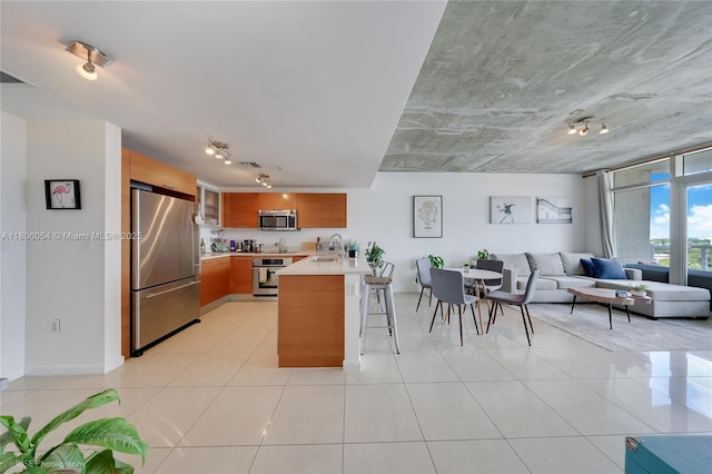 3250 NE 1st Ave Unit 1007, Miami, FL 33137 - kitchen featuring stainless steel appliances, track lighting, light countertops, a peninsula, and a breakfast bar