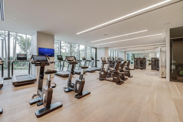 480 NE 31st St Unit 4804, Miami, FL 33137 - workout area with expansive windows, plenty of natural light, and wood finished floors