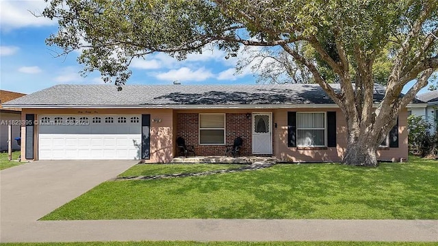 6021 Wedgewood Cir, Orlando, FL 32808 - ranch-style house with an attached garage, a front yard, driveway, brick siding, and a shingled roof