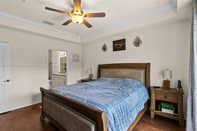 1051 Winding Pinces Cir Unit 203, Cape Coral, FL 33909 - bedroom with wood finished floors, crown molding, a tray ceiling, connected bathroom, and ceiling fan