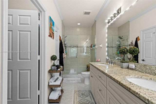 1051 Winding Pinces Cir Unit 203, Cape Coral, FL 33909 - full bath featuring ornamental molding, double vanity, a stall shower, and tile patterned flooring
