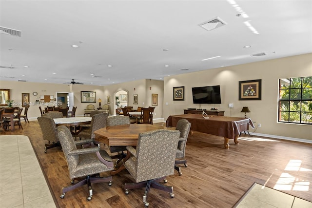 1051 Winding Pinces Cir Unit 203, Cape Coral, FL 33909 - dining area with wood finished floors, recessed lighting, ceiling fan, billiards, and arched walkways
