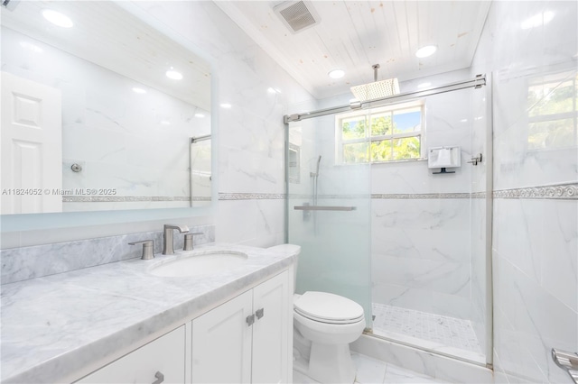 30 E 52nd Pl, Hialeah, FL 33013 - full bathroom with vanity, a marble finish shower, wood ceiling, recessed lighting, and marble finish flooring