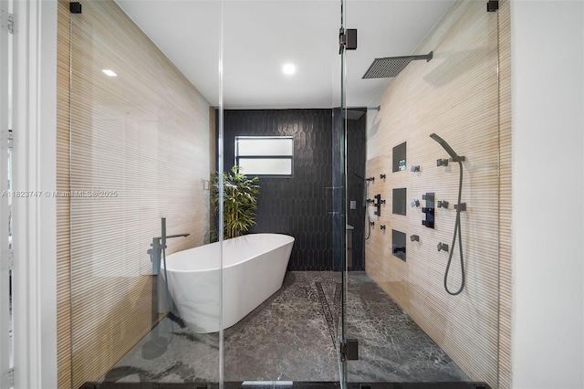 11530 NE 7th Ave, Biscayne Park, FL 33161 - full bath featuring tile walls, a shower stall, and a freestanding bath