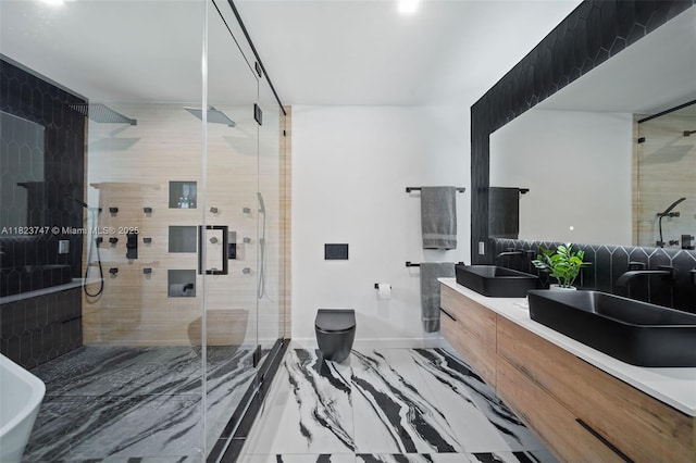 11530 NE 7th Ave, Biscayne Park, FL 33161 - bathroom with marble finish flooring, a shower stall, and double vanity