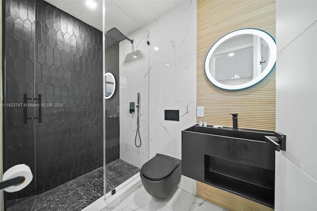 11530 NE 7th Ave, Biscayne Park, FL 33161 - bathroom featuring marble finish floors, a marble finish shower, and vanity