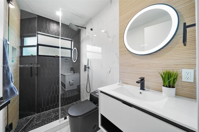 11530 NE 7th Ave, Biscayne Park, FL 33161 - bathroom featuring vanity, a stall shower, and tile walls