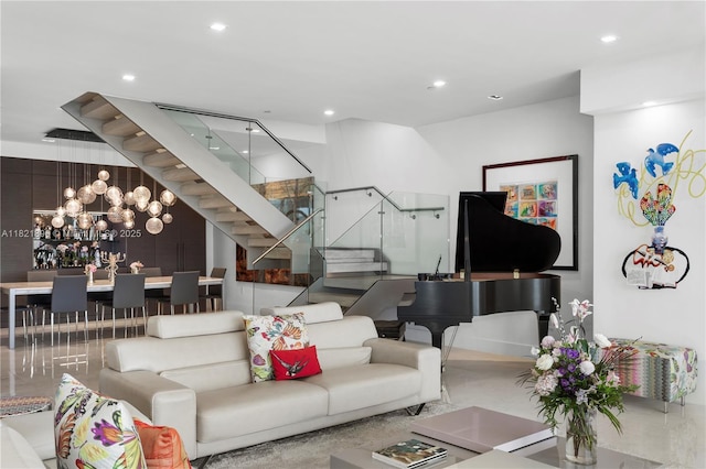 6000 Island Blvd Unit Ph7, Aventura, FL 33160 - living room featuring stairs, recessed lighting, and a chandelier