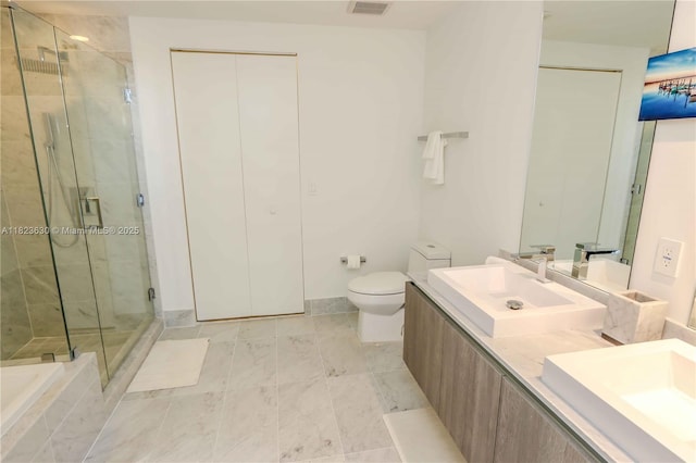 801 S Miami Ave Unit 3108, Miami, FL 33130 - bathroom with a shower stall, double vanity, tile patterned flooring, and a relaxing tiled tub