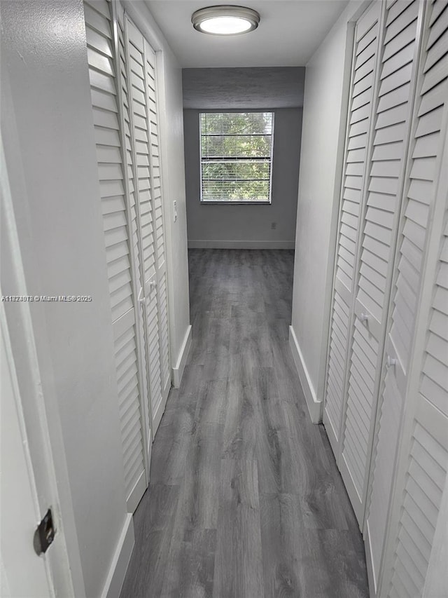9440 Fontainebleau Blvd Unit 203, Miami, FL 33172 - hallway featuring dark wood-style flooring and baseboards