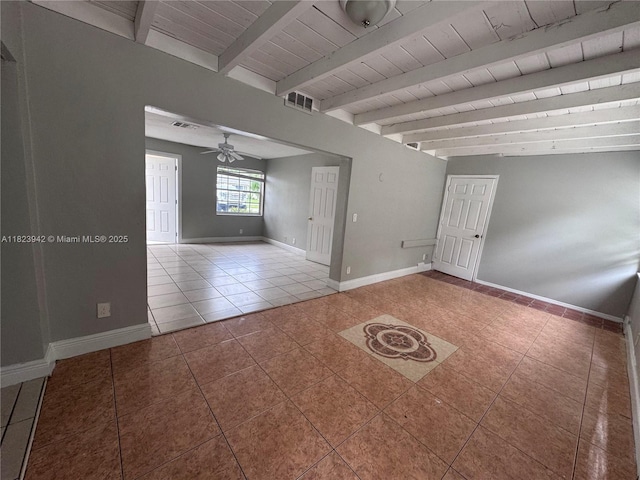 423 SW 10th Ave, Boynton Beach, FL 33435 - spare room featuring tile patterned floors, ceiling fan, and a wood ceiling with exposed beams