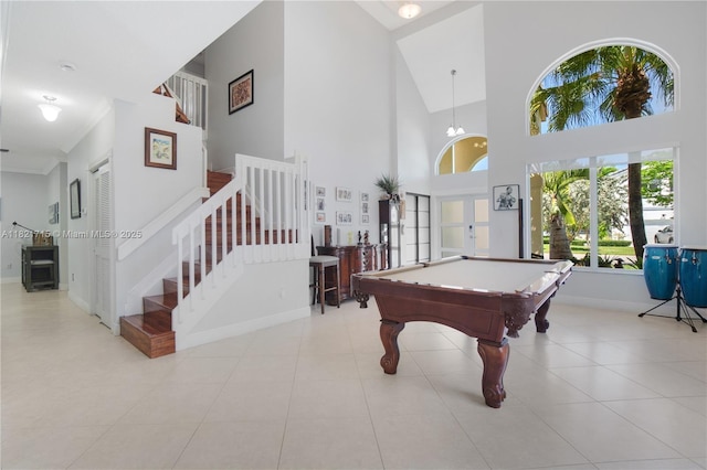 801 NW 156th Ave, Pembroke Pines, FL 33028 - playroom featuring a high ceiling, pool table, crown molding, and french doors