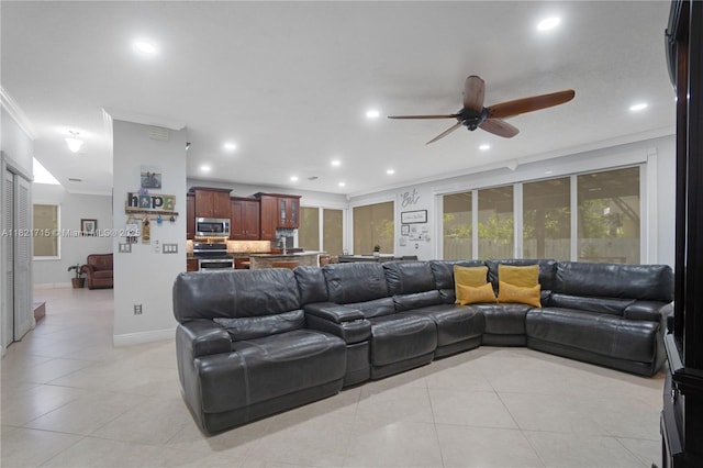 801 NW 156th Ave, Pembroke Pines, FL 33028 - living room with crown molding, light tile patterned flooring, recessed lighting, and a ceiling fan