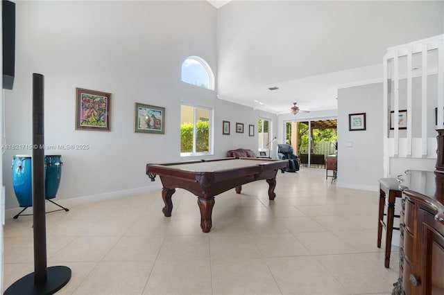 801 NW 156th Ave, Pembroke Pines, FL 33028 - game room with a ceiling fan, billiards table, a towering ceiling, and light tile patterned floors