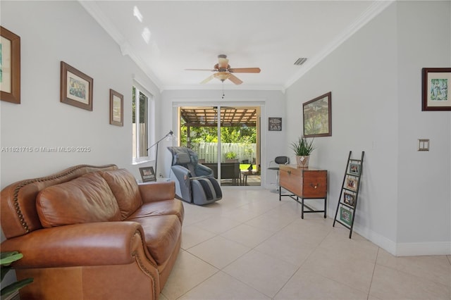 801 NW 156th Ave, Pembroke Pines, FL 33028 - living room with crown molding, a ceiling fan, and light tile patterned floors