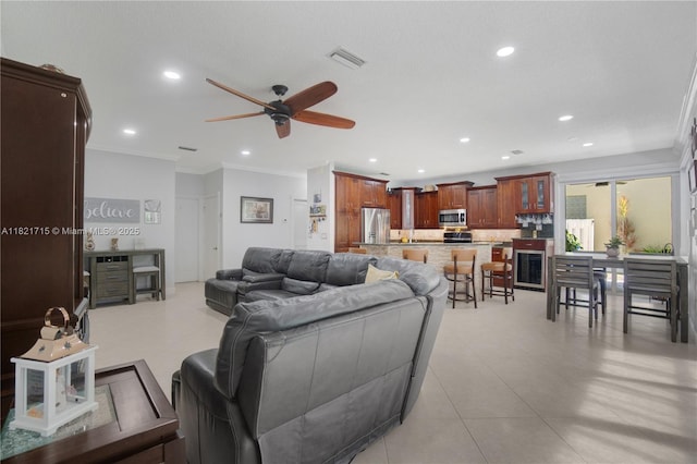 801 NW 156th Ave, Pembroke Pines, FL 33028 - living area with ceiling fan, crown molding, recessed lighting, and light tile patterned floors