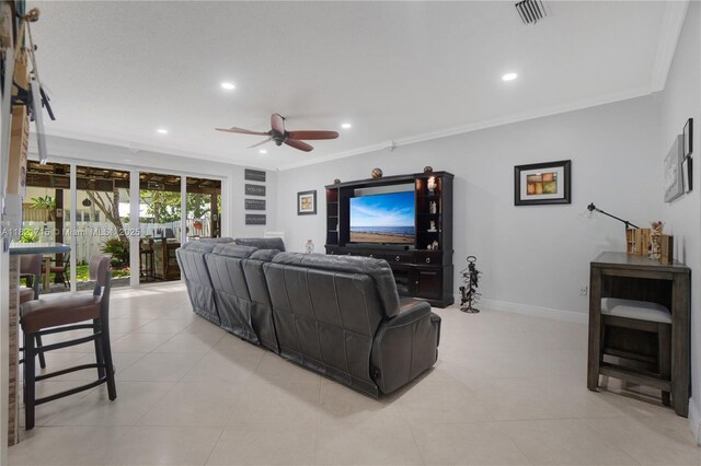 801 NW 156th Ave, Pembroke Pines, FL 33028 - living room with ceiling fan, crown molding, recessed lighting, and light tile patterned flooring