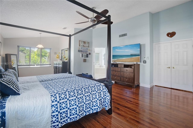 801 NW 156th Ave, Pembroke Pines, FL 33028 - bedroom with wood finished floors, a textured ceiling, a ceiling fan, and high vaulted ceiling