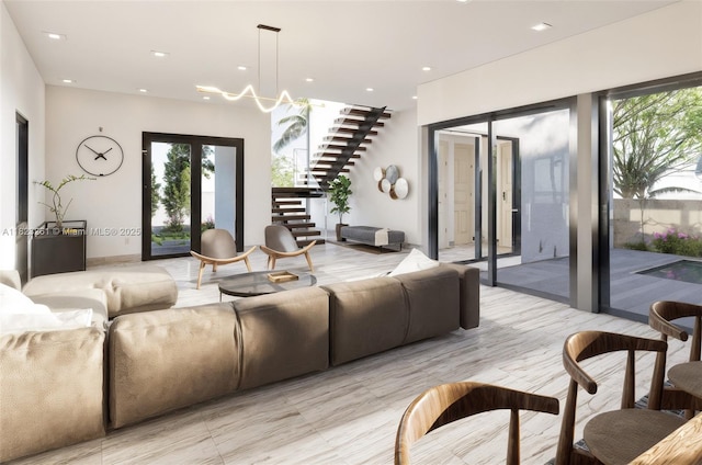 69 NE 50th Ter, Miami, FL 33137 - living area with stairway, a chandelier, and recessed lighting