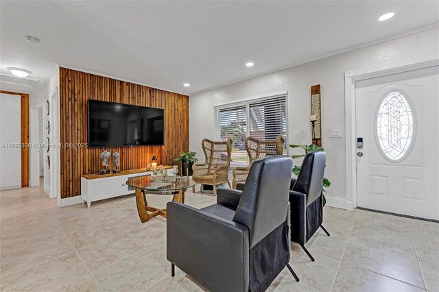 10371 SW 146th St, Miami, FL 33176 - living area featuring recessed lighting, wooden walls, and light tile patterned floors